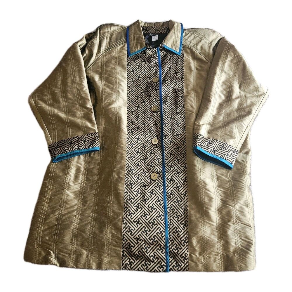 Koos 100% Silk Jacket Size 3X Gold Turquoise 3/4 Sleeve 80s 90s Funky Art Granny